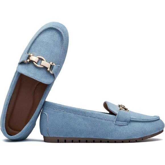 Womens Light Blue Fabric Slip On Comfort Chunky Heel Lug Sole Loafers Shoes - Picture 7 of 9